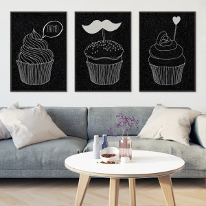 Muffins design black - komplet plakatów , wymiary - 60cm x 90cm (3 sztuki), kolor ramki - biały