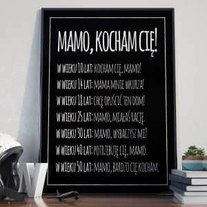 Mamo, kocham cię! - plakat typograficzny na ścianę , wymiary - 50cm x 70cm, kolor ramki - czarny