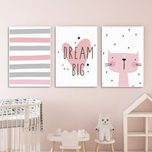 Zestaw plakatów dziecięcych - pink meow , wymiary - 50cm x 70cm (3 sztuki), kolor ramki - czarny