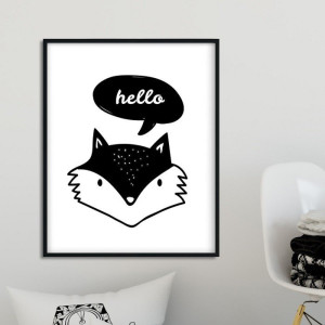Hello fox - plakat dla dzieci , wymiary - 40cm x 50cm, kolor ramki - czarny