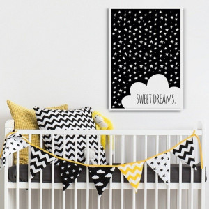 Sweet dreams - plakat designerski dla dzieci , wymiary - 70cm x 100cm, kolor ramki - czarny