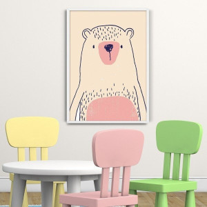 Różowy miś  - plakat dziecięcy , wymiary - 20cm x 30cm, kolor ramki - biały
