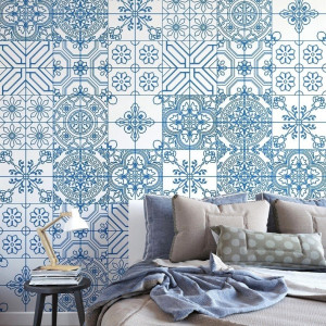 Blue patchwork - tapeta ścienna , rodzaj - tapeta flizelinowa laminowana