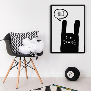 Króliczek "hello"  - skandynawski plakat dziecięcy , wymiary - 50cm x 70cm, kolor ramki - czarny
