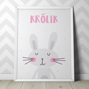 Królik - plakat dla dzieci , wymiary - 20cm x 30cm, kolor ramki - biały