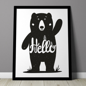 Hello miś - plakat dla dzieci , wymiary - 40cm x 50cm, kolor ramki - biały