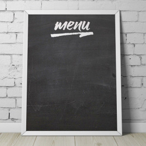 Designerska tablica kredowa z napisem "menu" , wymiary - 60cm x 90cm, kolor ramki - biały, orientacja tablicy - pozioma