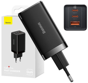 Carregador GaN5 Pro Fast Charge 2x USB-C + USB 65W (Preto) - BASEUS