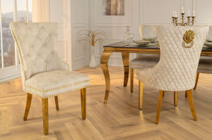 Deluxe stoel beige met leeuwenkop gouden poten