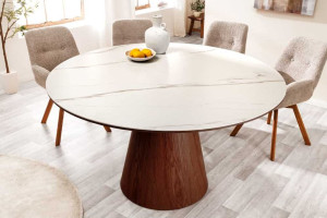Ronde tafel walnoot zuil wit keramiek marmer look 120cm