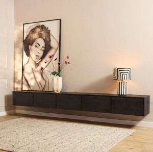Zwevend tv meubel zwart mangohout 280cm