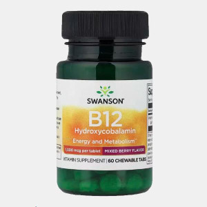 SWANSON B12 HYDROXYCOBALAMIN 1000mcg 60 COMP MASTIGAVEIS