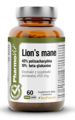 Lions mane 40% polisacharydów 10% beta-glukanów 60 kapsułek, Pharmovit Clean Label