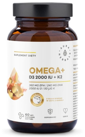 Omega + D3 2000 IU + K2 60 kapsułek softgel Aura Herbals