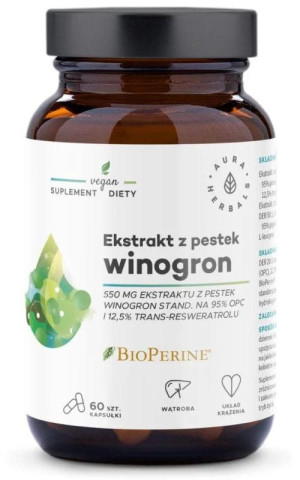 Ekstrakt z pestek winogron 550 mg, 95% OPC 60 kapsułek Aura Herbals
