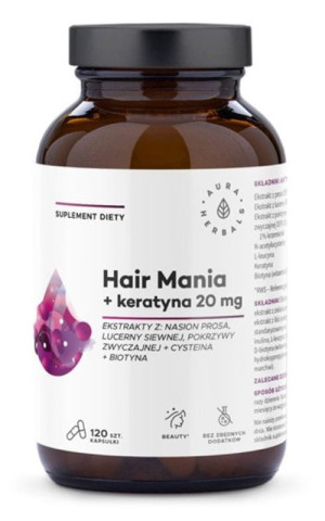 Hair Mania + keratyna 20mg , 120 kapsułek Aura Herbals
