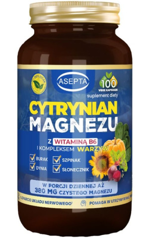 Cytrynian magnezu + B6 i kompleks warzyw 100 kapsułek ASEPTA