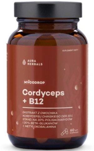 Aura Herbals Mycodrop - Cordyceps 30:1 + B12, 30% beta-glukan - 60 kapsułek