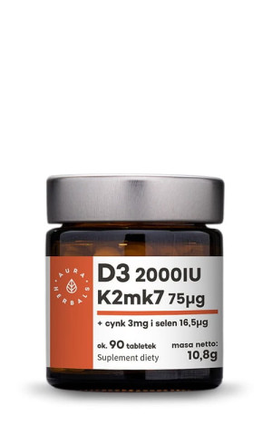 Witamina D3 (2000IU) + K2mk7 + Cynk + Selen 90 tabl, Aura Herbals