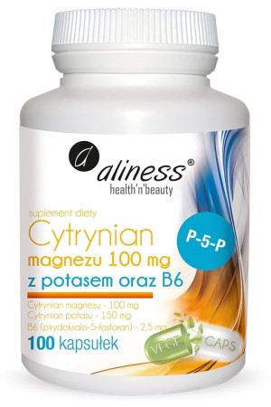 Aliness Cytrynian Magnezu 100 mg z potasem 150 mg B6 (P-5-P) 100 kaps