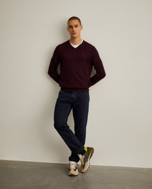 Lion of Porches Camisola para homem com decote em V em 100% lã merino Bordeaux Medio
