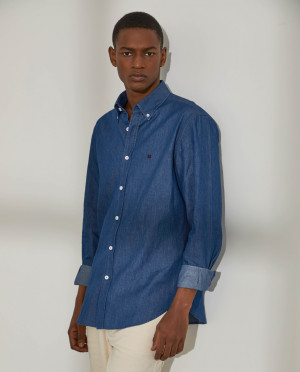 Lion of Porches Camisa para homem slim fit em denim e com bordado no peito Azul Indigo