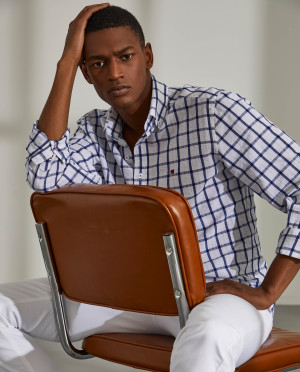 Lion of Porches Camisa para homem slim fit de algodão e linho com padrão de xadrez Azul Indigo