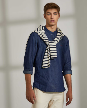 Lion of Porches Camisa para homem slim fit denim com carcela de polo Azul Indigo