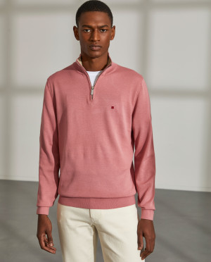 Lion of Porches Camisola para homem de algodão com fecho na gola e manga comprida Rosa Claro