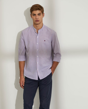 Lion of Porches Camisa para homem slim fit de algodão e linho com padrão de riscas Azul Porto