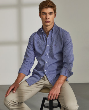 Lion of Porches Camisa para homem slim fit de algodão com padrão de riscas Azul Indigo
