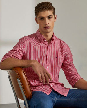 Lion of Porches Camisa para homem slim fit de algodão com padrão de riscas Vermelho