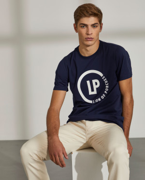 Lion of Porches T-shirt para homem de algodão com gola redonda e branding Marinho