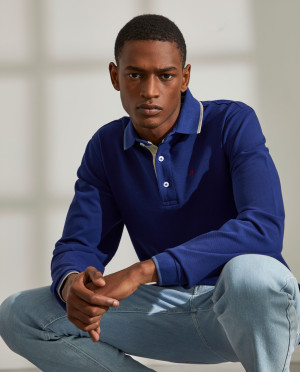 Lion of Porches Polo para homem slim fit de algodão de manga comprida Azul Indigo
