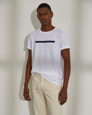 Lion of Porches T-shirt para homem de algodão com gola redonda e risca no peito Branco