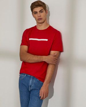 Lion of Porches T-shirt para homem de algodão com gola redonda e risca no peito Vermelho