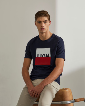 Lion of Porches T-shirt para homem de algodão com gola redonda e estampado Marinho