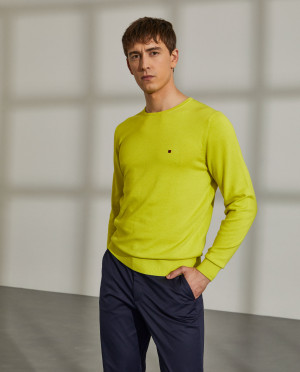 Lion of Porches Camisola para homem de algodão com gola redonda e bordado Amarelo Limão