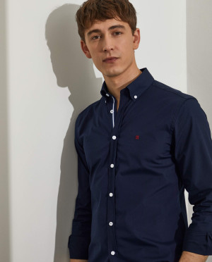Lion of Porches Camisa para homem slim fit de algodão com colarinho de dois botões Marinho