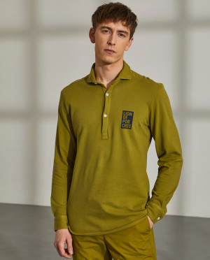 Lion of Porches Polo para homem slim fit piqué com manga comprida Kaki