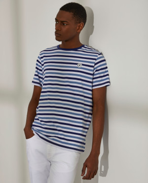 Lion of Porches T-shirt para homem de algodão às riscas com gola redonda Azul Indigo