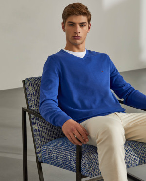 Lion of Porches Camisola para homem básica de algodão com decote em v Azul Porto