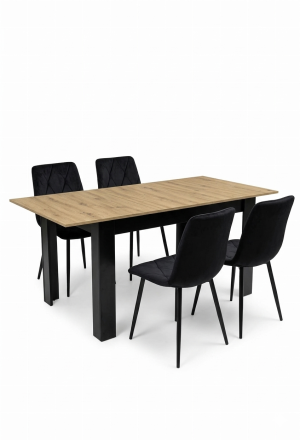 Zestaw Rozkładany stół NP 120-160x80 Artisan nogi czarne + 4 krzesła tapicerowane Libra Czarne