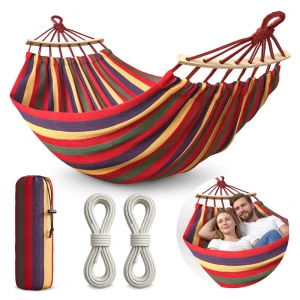 Hamac de grădină pentru două persoane cu bară de susținere 260 x 150 cm roșu-galben