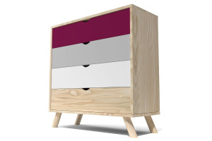 ABC MEUBLES Skandinavische Kommode Viking mit 4 Schubladen aus Massivholz - Pflaume, Mausgrau, Weiß
