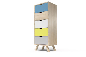 ABC MEUBLES Cassettiera in legno Viking a 5 cassetti in legno massiccio -  Pastello Blu, Giallo, Bianco, Grigio Chiaro