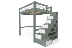 ABC MEUBLES Hochbett in holz 140x200 Alpage mit treppenregal - Grau/Weiß