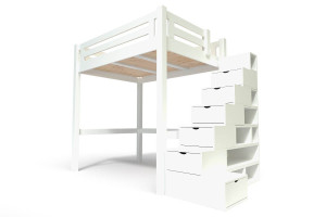 ABC MEUBLES Lit Mezzanine adulte bois 160x200 Alpage hauteur réglable + escalier cube - Blanc