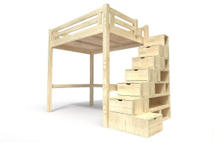 ABC MEUBLES Lit Mezzanine adulte bois 160x200 Alpage hauteur réglable + escalier cube - Brut (sans vernis)