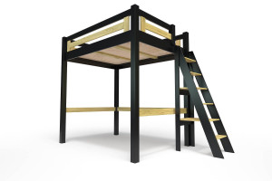 ABC MEUBLES Hochbett 120x200 aus Holz + verstellbare Leiter Alpage - Schwarz/Honig